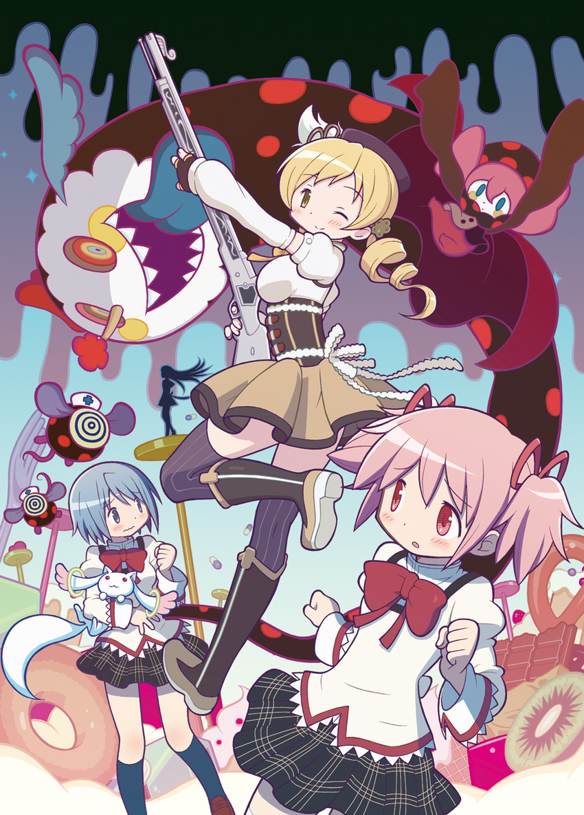 akemi homura, kaname madoka, miki sayaka, tomoe mami, kyubey, and 1 more (mahou shoujo madoka magica) drawn by gecchu