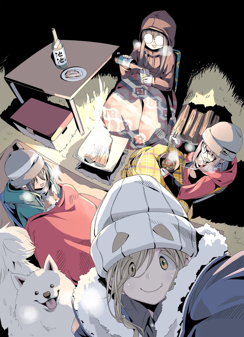 inuyama aoi, oogaki chiaki, saitou ena, and toba minami (yurucamp) drawn by afro_(kngotezo)