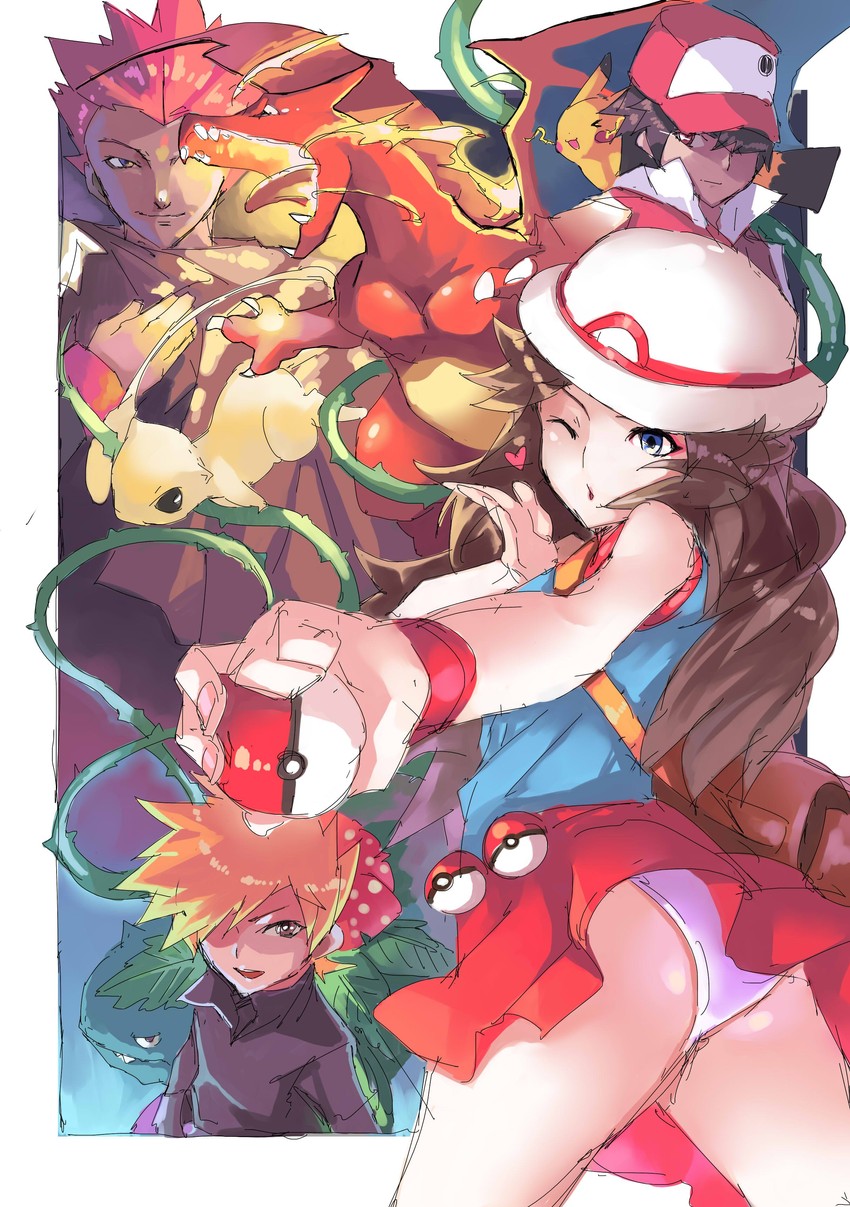 pikachu, red, blue oak, charizard, leaf, and 3 more (pokemon and 1 more) drawn by ohland