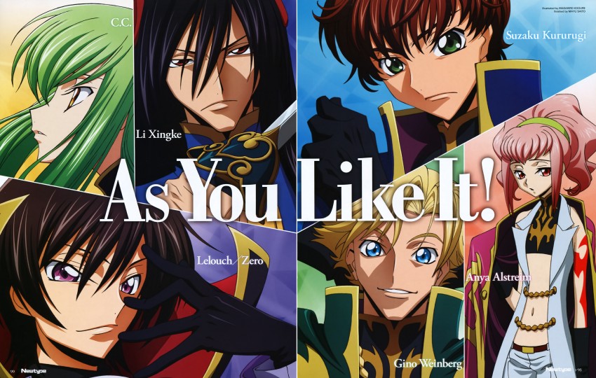 c.c., lelouch vi britannia, kururugi suzaku, anya alstreim, gino weinberg, and 1 more (code geass) drawn by kogure_masahiro