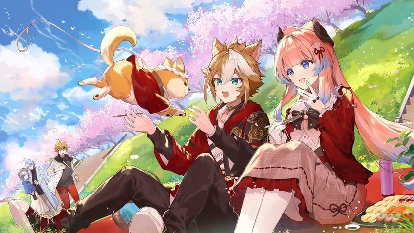 kamisato ayaka, sangonomiya kokomi, kamisato ayato, thoma, gorou, and 1 more (genshin impact and 1 more) drawn by necomi