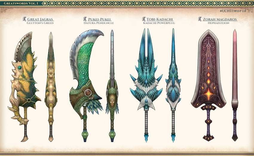 tobi-kadachi, pukei-pukei, great jagras, and zorah magdaros (monster hunter and 1 more) drawn by uchi_vs_the_world