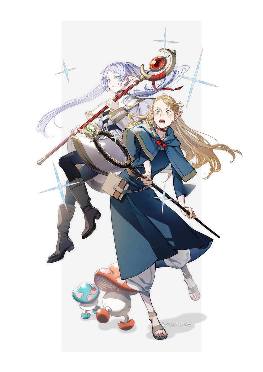 frieren, marcille donato, and walking mushroom (sousou no frieren and 1 more) drawn by w55674570w