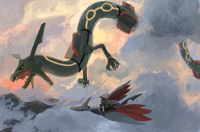brendan, rayquaza, and skarmory (pokemon and 1 more) drawn by minahamu