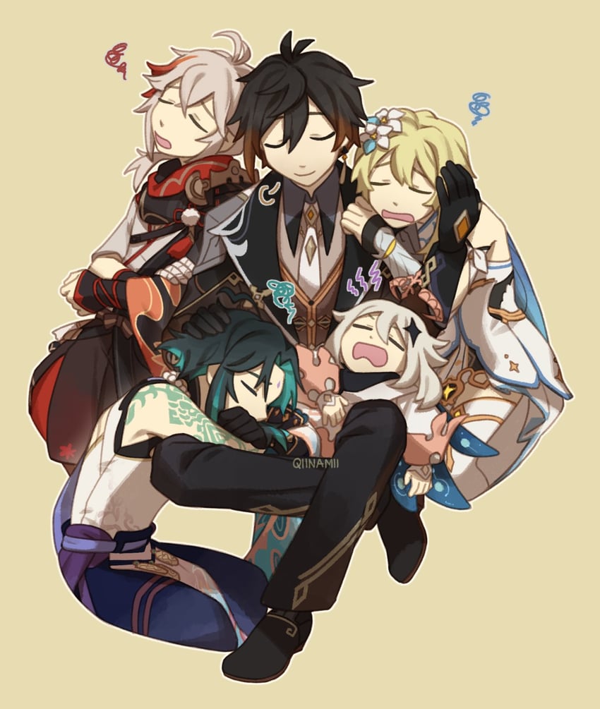 lumine, zhongli, paimon, xiao, and kaedehara kazuha (genshin impact) drawn by qiinamii