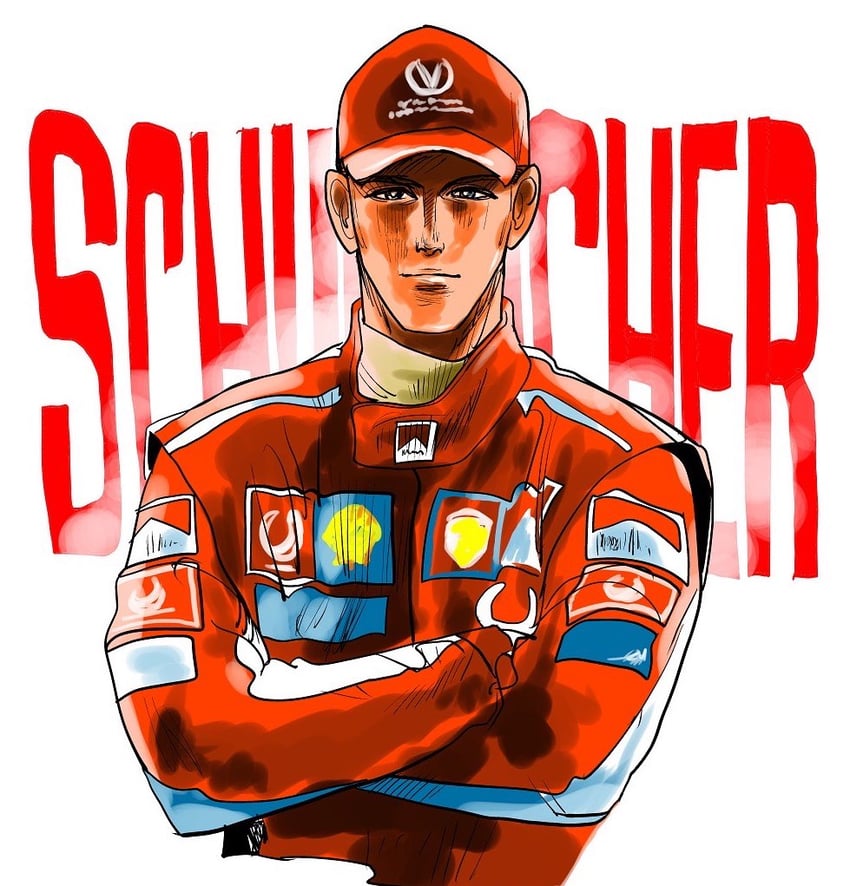 michael schumacher (real life and 1 more) drawn by soda_masahito