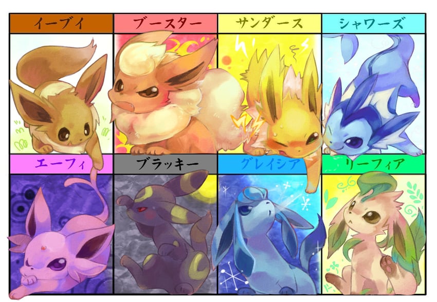 eevee, umbreon, glaceon, vaporeon, espeon, and 3 more (pokemon) drawn by shimabo