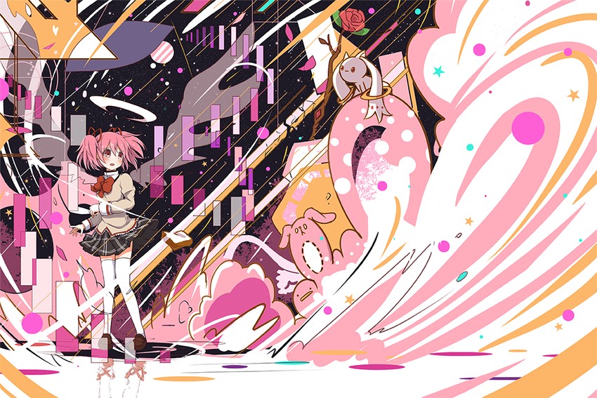 kaname madoka and kyubey (mahou shoujo madoka magica) drawn by sakeharasu