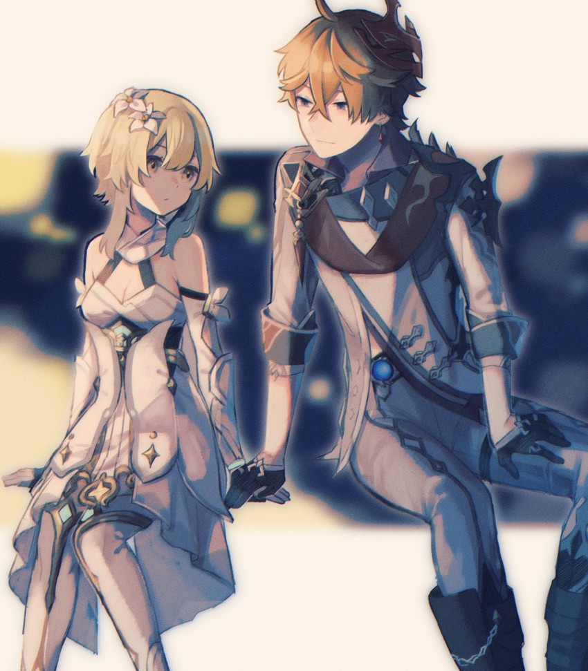 lumine and tartaglia (genshin impact) drawn by kino_(m6t2a)