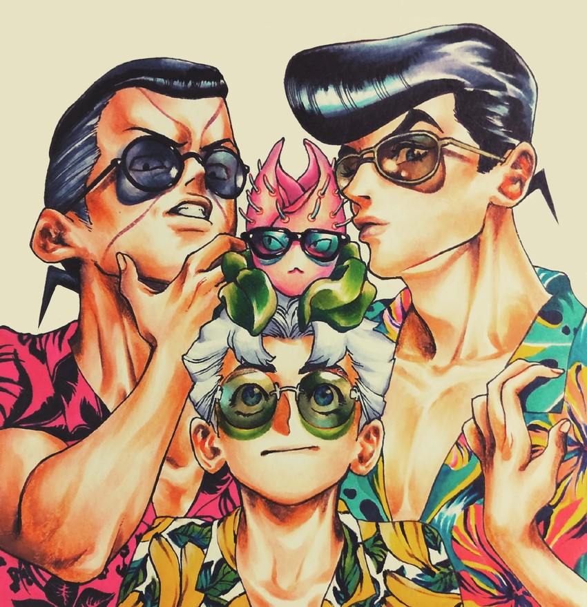 higashikata josuke, nijimura okuyasu, hirose koichi, and stray cat (jojo no kimyou na bouken and 1 more) drawn by batooo_j