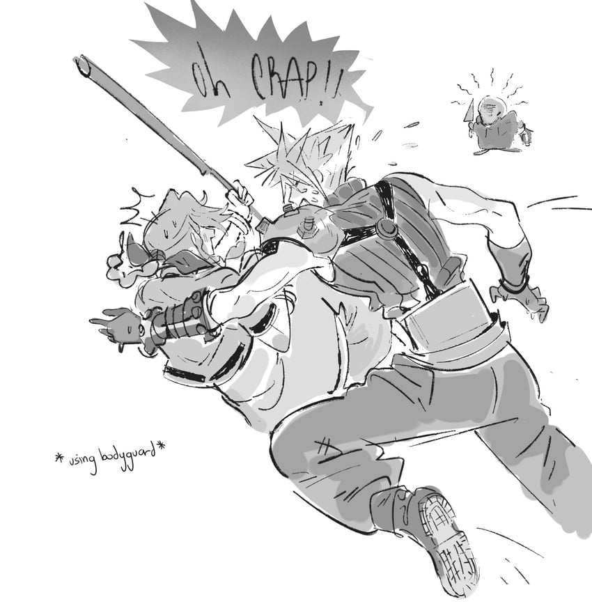 cloud strife, aerith gainsborough, and tonberry (final fantasy and 3 more) drawn by jaysoysaucee