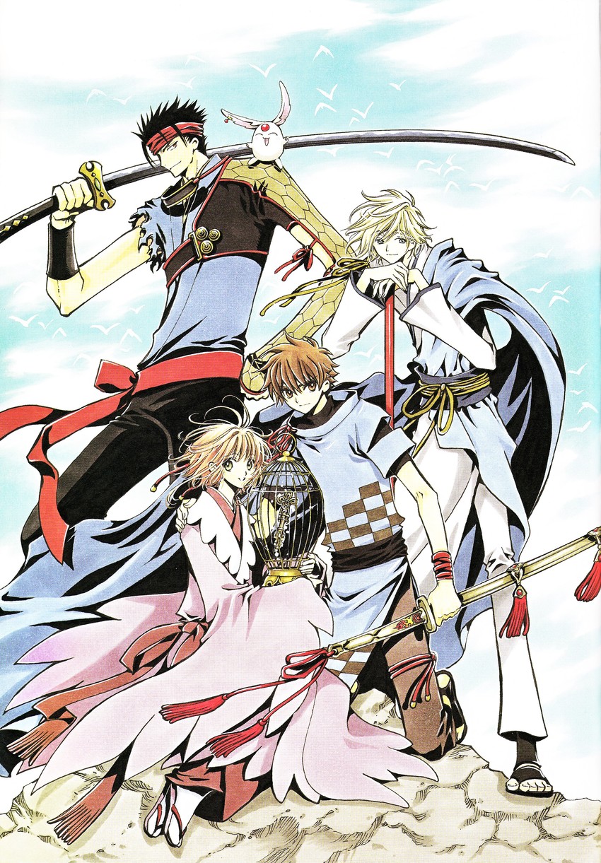 mokona, sakura hime, xiaolang, fai d. flowright, and kurogane (tsubasa chronicle) drawn by clamp_(circle)