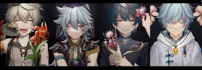 xingqiu, chongyun, razor, and bennett (genshin impact) drawn by nakura_hakuto