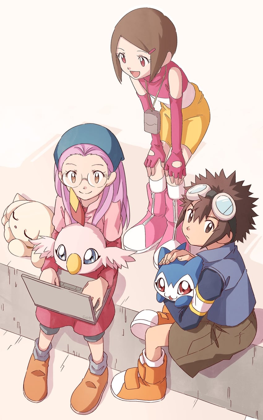 yagami hikari, motomiya daisuke, inoue miyako, chibimon, plotmon, and 1 more (digimon and 1 more) drawn by gdn0522