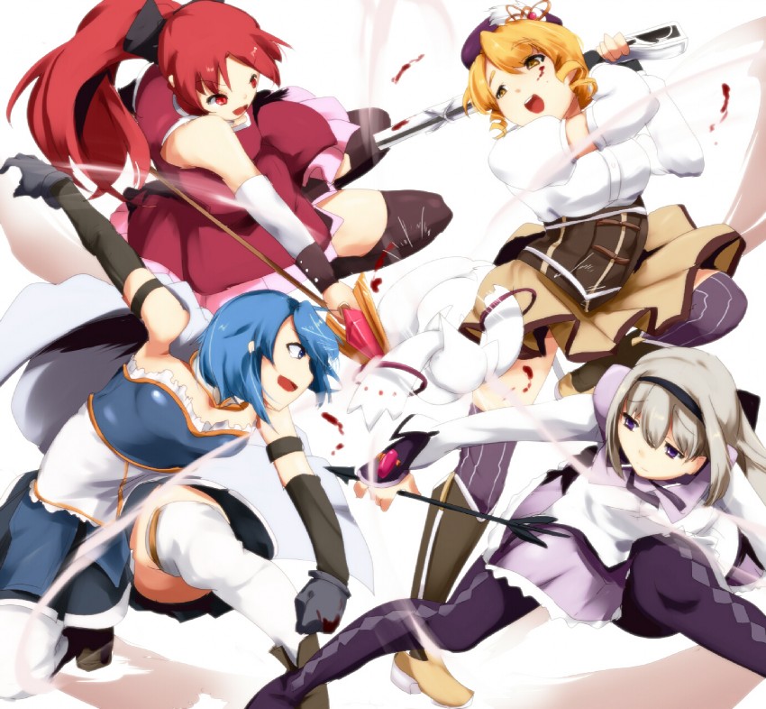 akemi homura, miki sayaka, sakura kyoko, tomoe mami, and kyubey (mahou shoujo madoka magica) drawn by magukappu