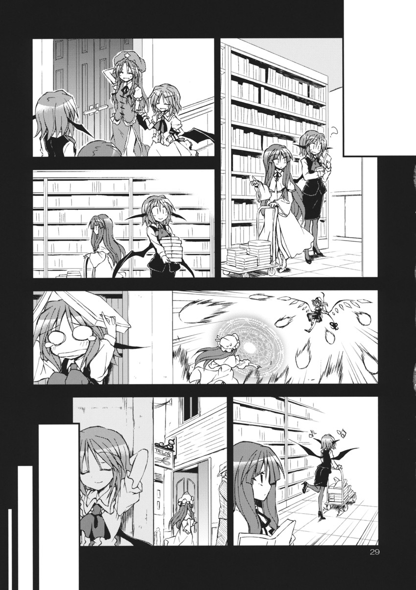 remilia scarlet, flandre scarlet, patchouli knowledge, hong meiling, and koakuma (touhou) drawn by satou_kibi