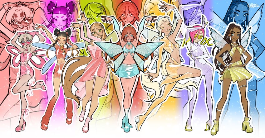 bloom, stella, flora, musa, tecna, and 1 more (original and 1 more) drawn by wikate