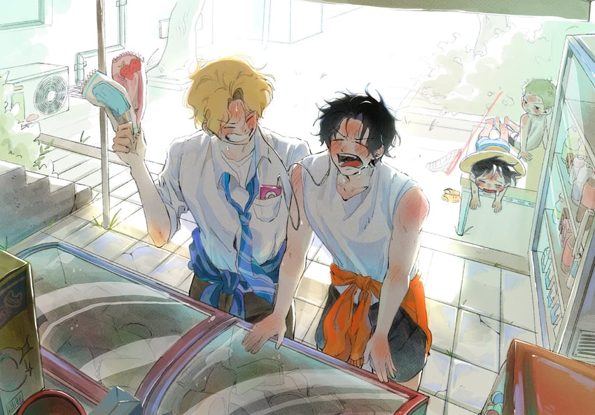 monkey d. luffy, roronoa zoro, portgas d. ace, and sabo (one piece) drawn by c_a_k_e