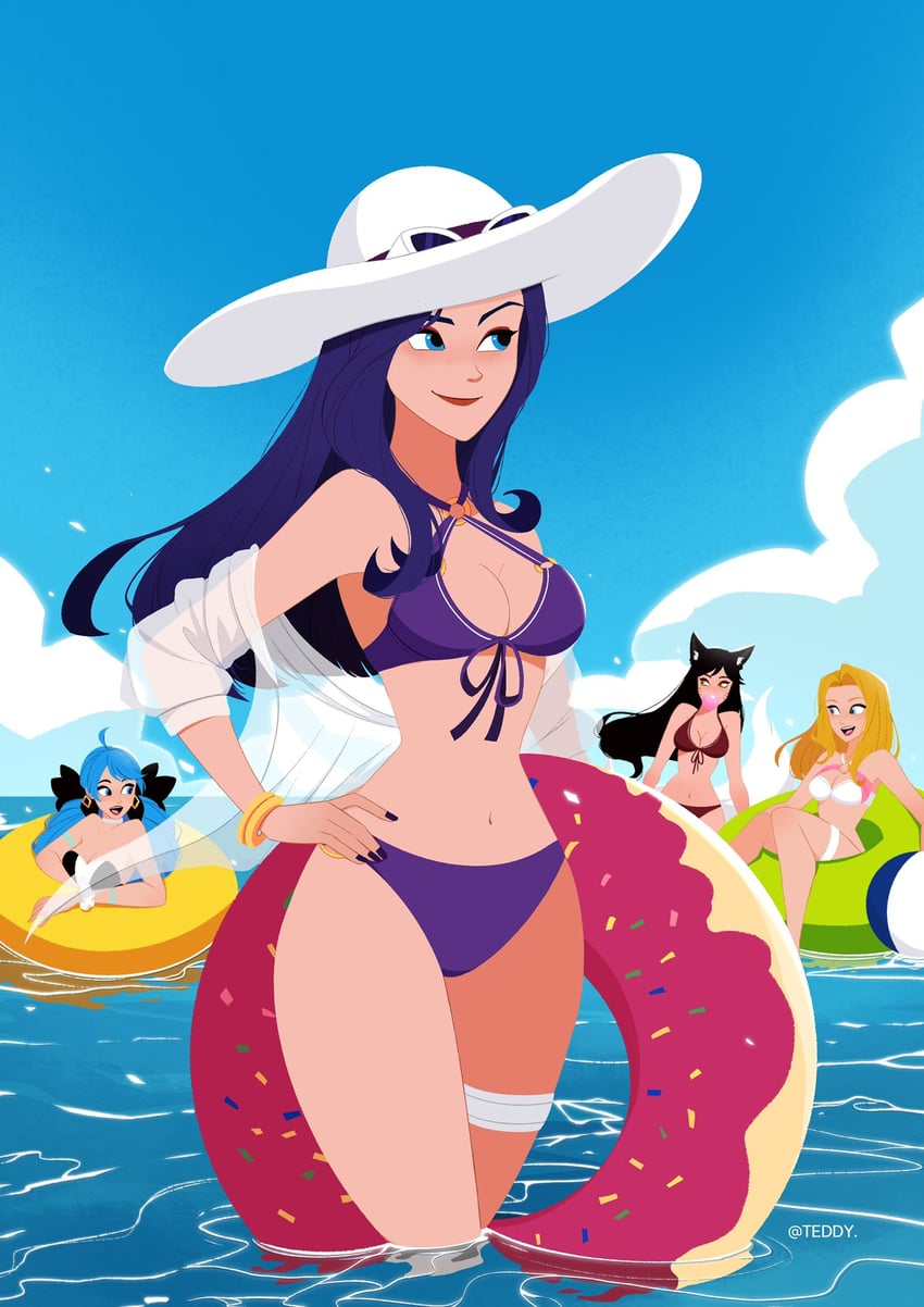 ahri, gwen, caitlyn, lux, and pool party caitlyn (league of legends) drawn by teddy_teddd
