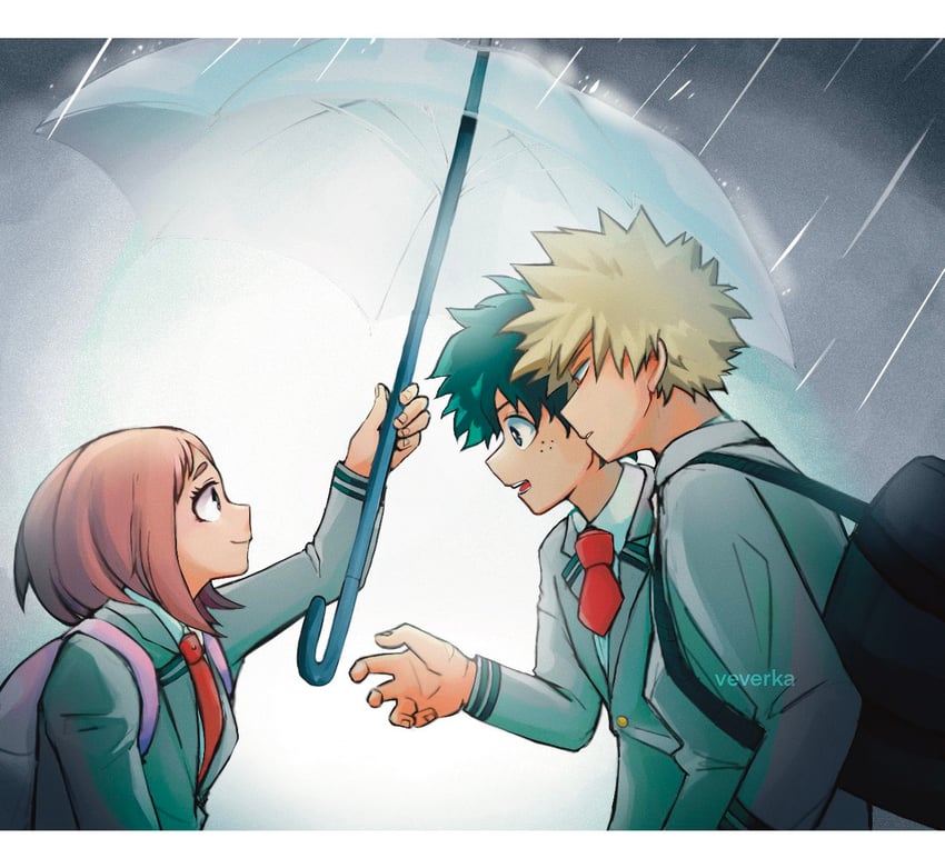 midoriya izuku, uraraka ochaco, and bakugou katsuki (boku no hero academia) drawn by reallyveverka