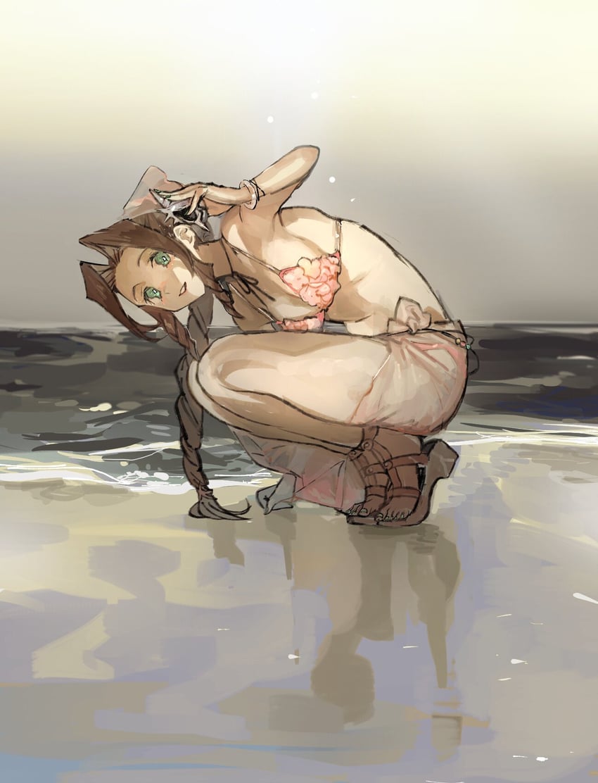 aerith gainsborough (final fantasy and 2 more) drawn by meameeea
