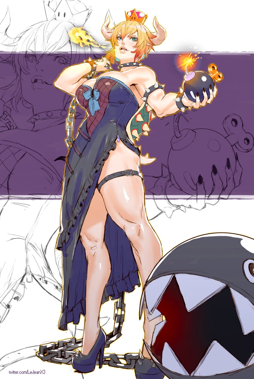 bowsette, chain chomp, and bob-omb (mario and 1 more) drawn by rejean_dubois