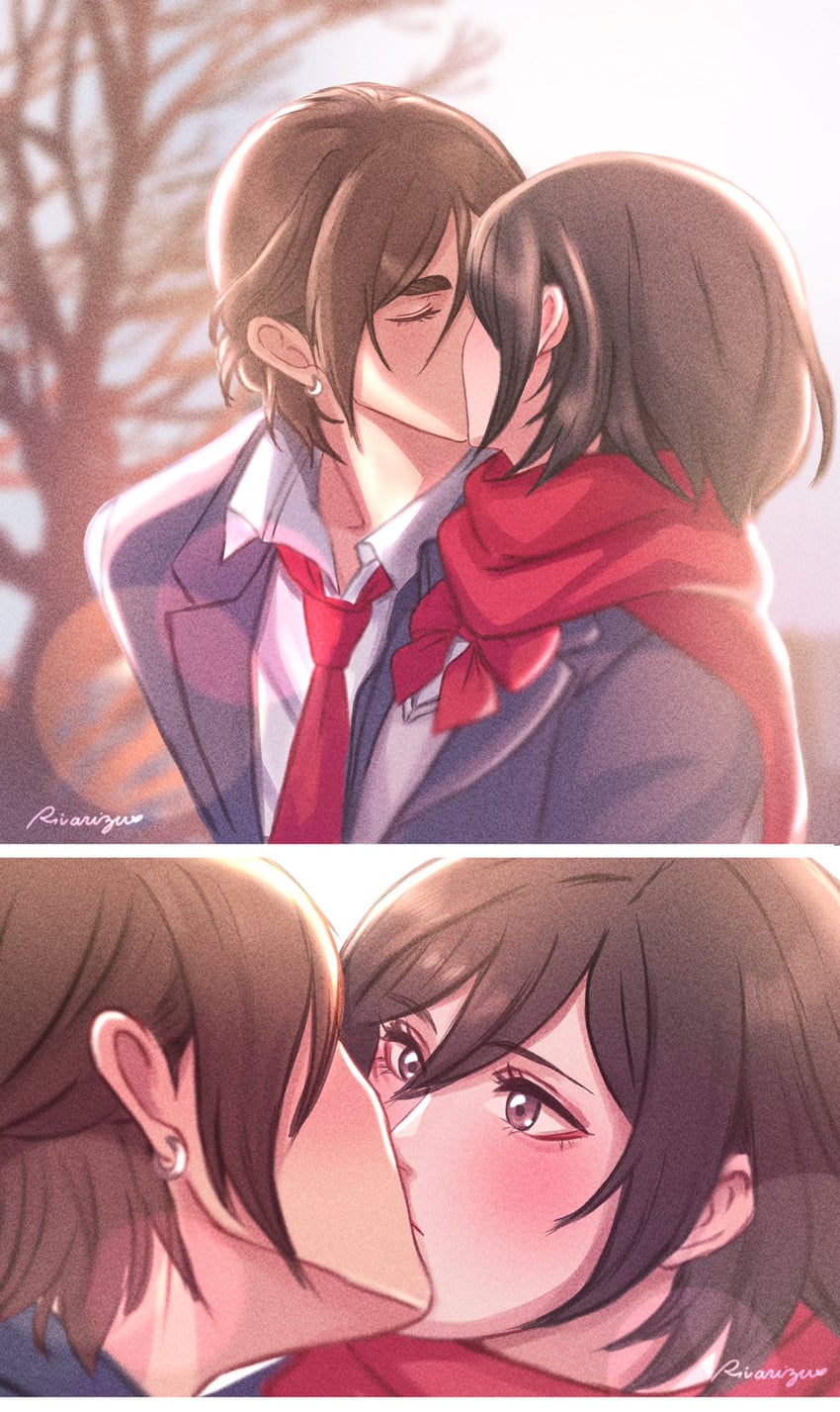 mikasa ackerman and eren yeager (shingeki no kyojin) drawn by rivarizu