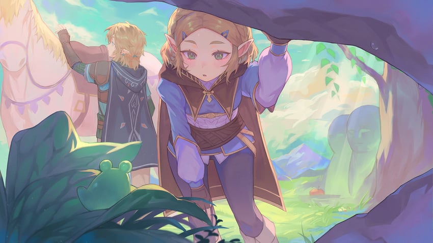 link and princess zelda (the legend of zelda and 1 more) drawn by kiwwwwwi