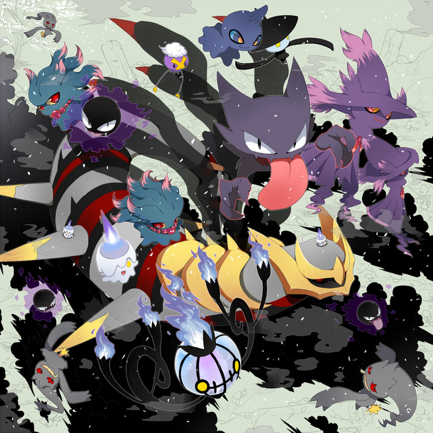 litwick, chandelure, gastly, drifloon, mismagius, and 6 more (pokemon) drawn by yajuuraku
