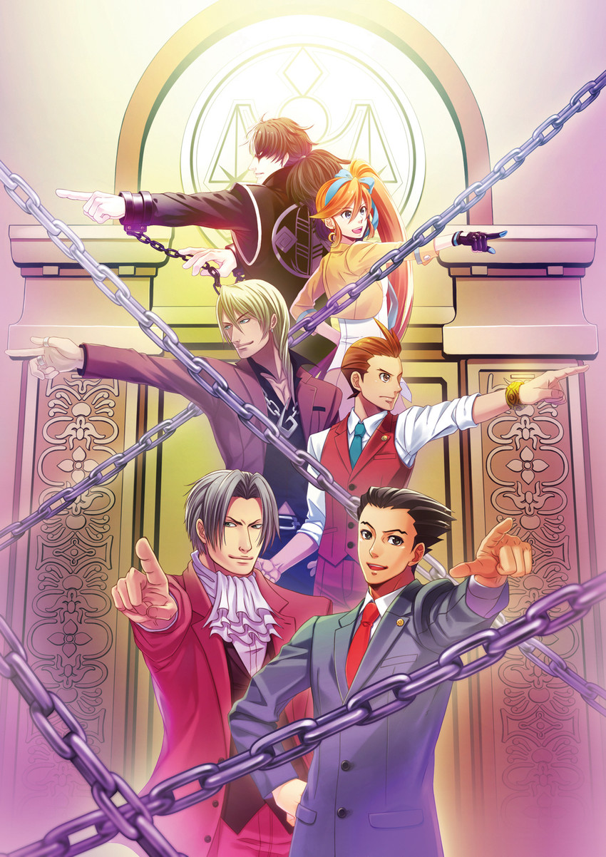phoenix wright, miles edgeworth, apollo justice, athena cykes, klavier gavin, and 1 more (ace attorney and 1 more) drawn by natsu_(pixiv312174)