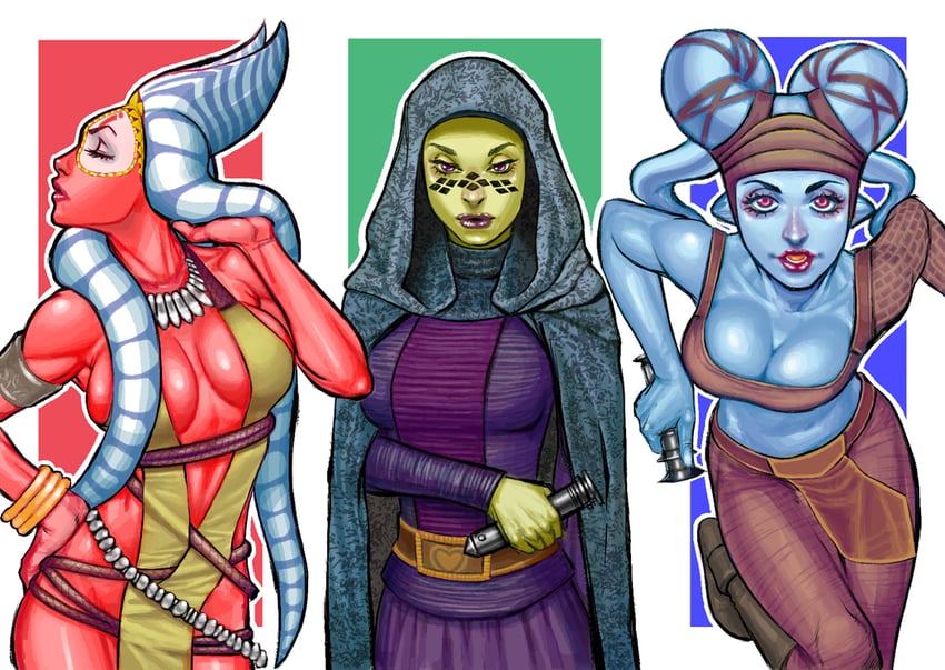 aayla secura, shaak ti, and barriss offee (star wars) drawn by kachakacha