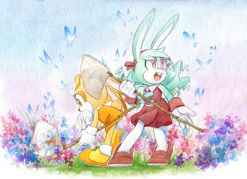 cream the rabbit, neutral chao, cheese, and anya the rabbit (original and 1 more) drawn by finik