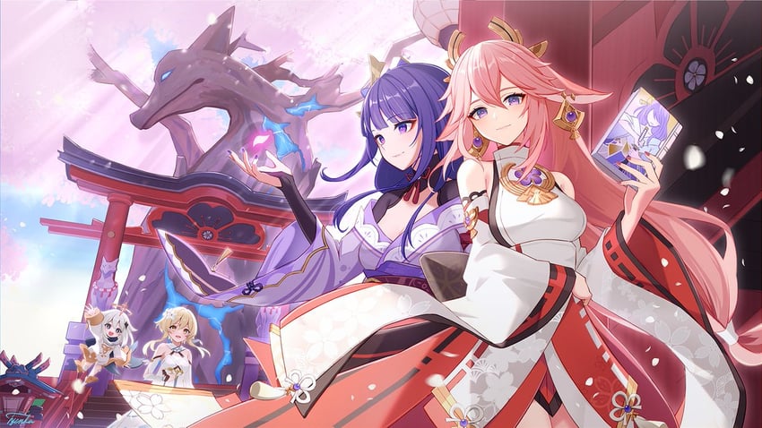 lumine, raiden shogun, yae miko, and paimon (genshin impact) drawn by tyenka7728