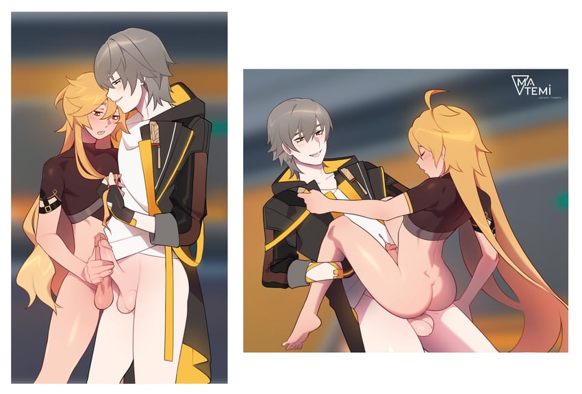 trailblazer, aether, and caelus (genshin impact and 3 more) drawn by matemi