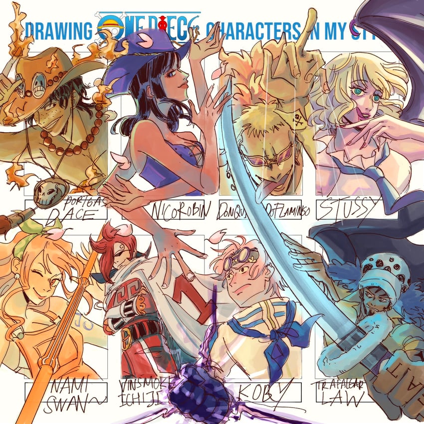 nami, nico robin, trafalgar law, portgas d. ace, donquixote doflamingo, and 3 more (one piece) drawn by avaxxah