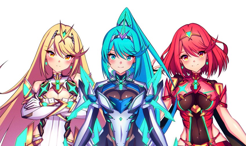 pyra, mythra, and pneuma (xenoblade chronicles and 1 more) drawn by hakusai_(hksicabb)