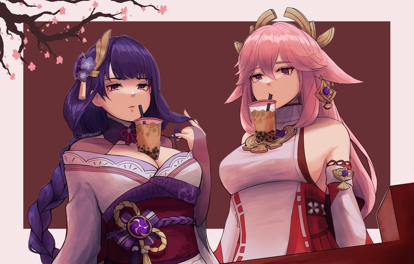 raiden shogun and yae miko (genshin impact) drawn by daifukucat