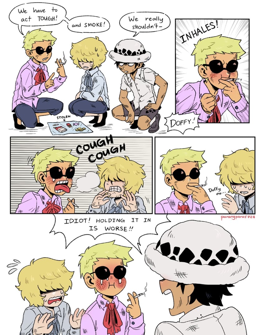 trafalgar law, donquixote doflamingo, and donquixote rocinante (one piece) drawn by parangpara5724