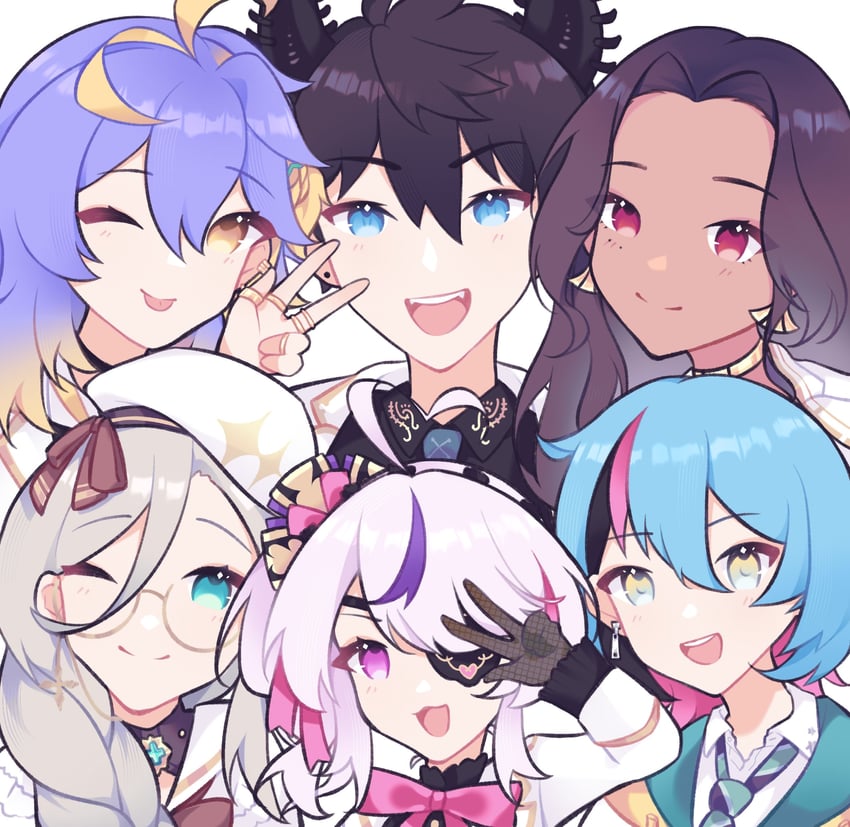 maria marionette, scarle yonaguni, ren zotto, aia amare, aster arcadia, and 1 more (nijisanji and 1 more) drawn by hyuni_(hyunicat)