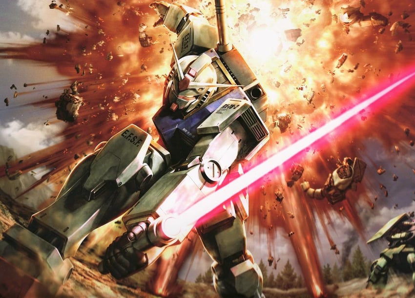 rx-78-2 gundam, zaku ii, and zaku ii f/j (gundam and 1 more) drawn by morishita_naochika