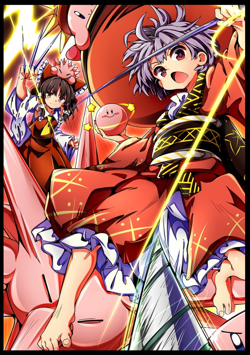 hakurei reimu, kirby, sukuna shinmyoumaru, needle kirby, and ball kirby (touhou and 1 more) drawn by baba_(baba_seimaijo)