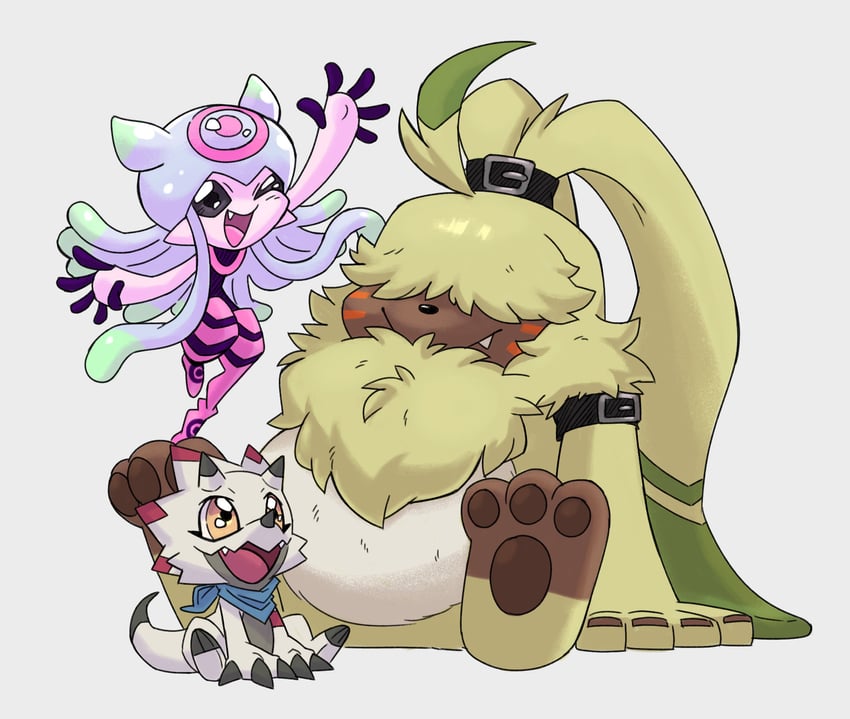 jellymon, gammamon, and angoramon (digimon and 1 more) drawn by doodlelotl