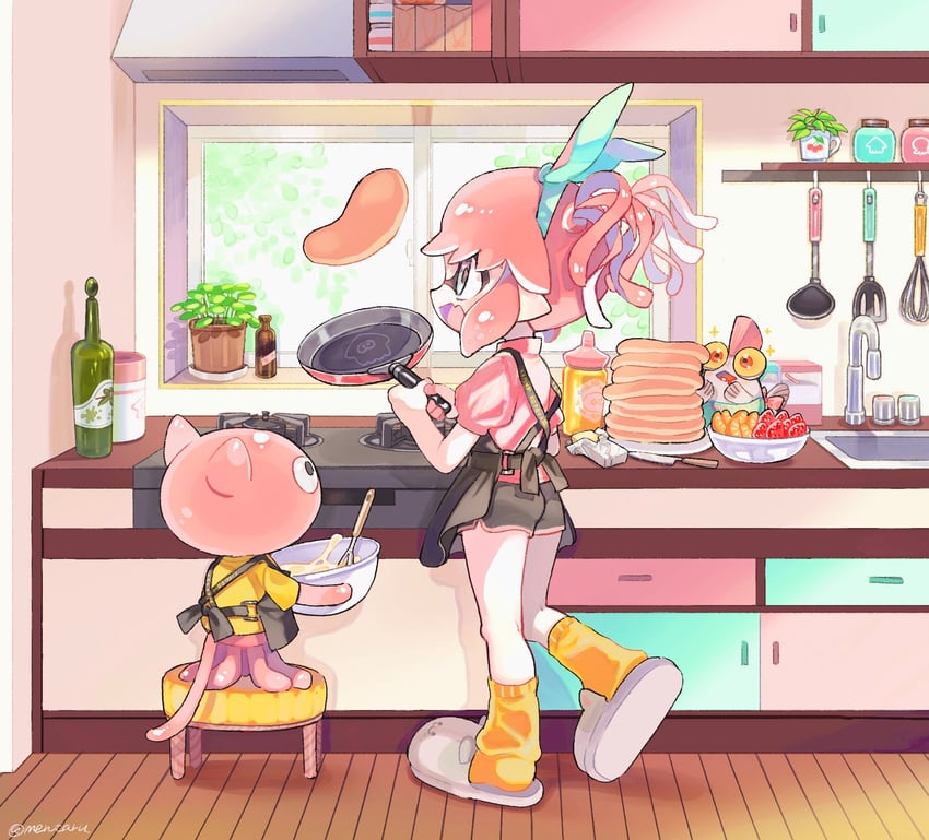 inkling player character, inkling girl, smallfry, and jellyfish (splatoon) drawn by amezawa_koma
