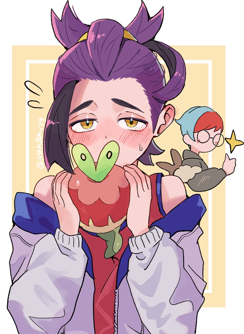 kieran, penny, and applin (pokemon and 1 more) drawn by makoto_139