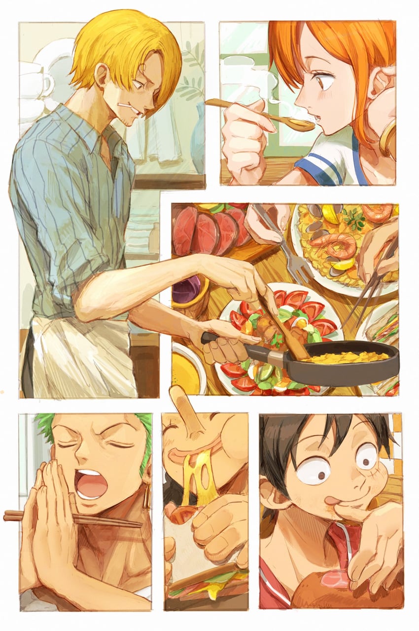 nami, monkey d. luffy, roronoa zoro, sanji, and usopp (one piece) drawn by oekakiboya