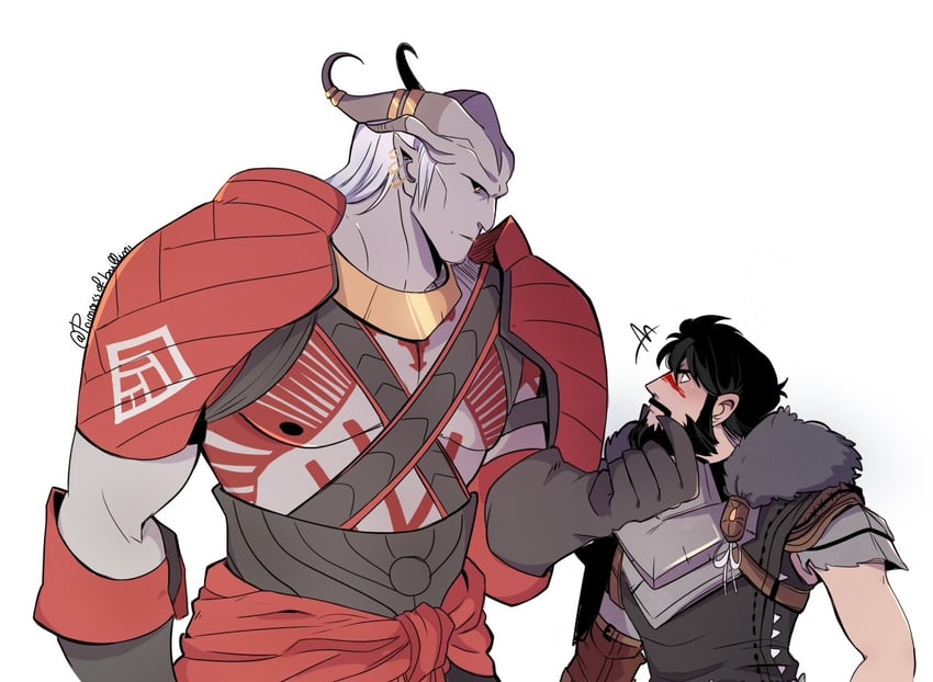 garrett hawke and arishok (dragon age and 1 more) drawn by princess-of-brillini