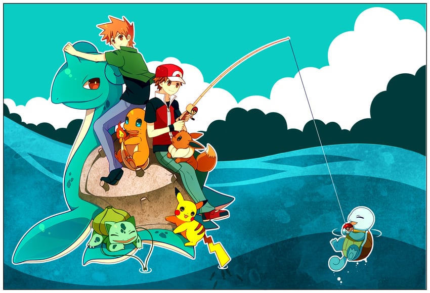 pikachu, red, eevee, blue oak, bulbasaur, and 3 more (pokemon and 1 more) drawn by himari_g_(sr)