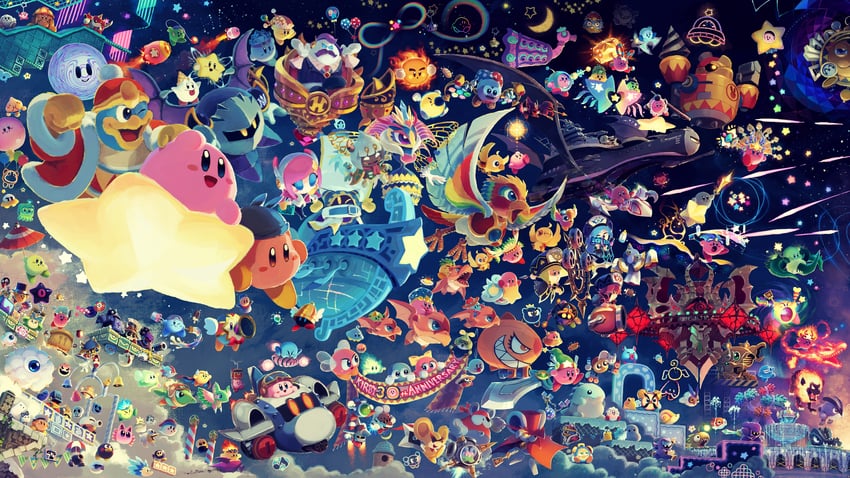 kirby, meta knight, king dedede, magolor, bandana waddle dee, and 147 more (mario and 22 more) drawn by suyasuyabi