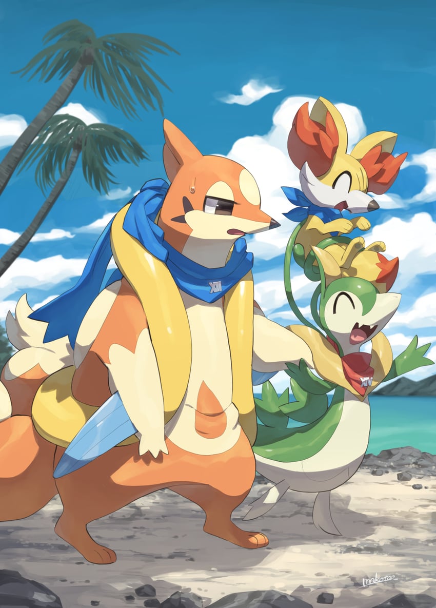 fennekin, servine, and floatzel (pokemon and 1 more) drawn by makoto_ikemu
