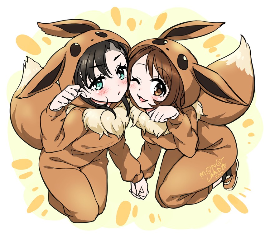 marnie, gloria, eevee, and poke kid (pokemon and 1 more) drawn by mono_land